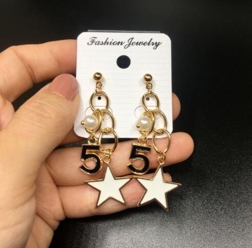 Chic Number 5 Star Enamel Earrings Long Chain Dangle Drop Pearl Ear Studs Women Girl Wedding Party Jewelry Gift