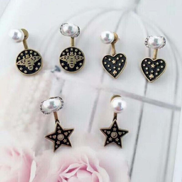 Vintage Bee Star Heart Shape Dangle Earrings With Letters Crystal Pearl Ear Studs 925 Silver Needle Earring Women Girl Party Jewelry Gift
