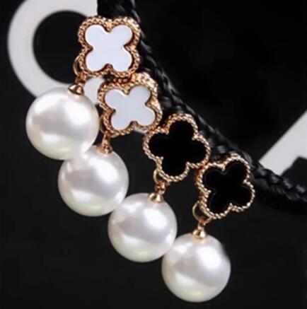 Women Girl Pearl Dangle Four Leaf Clover Earrings Black White Enamel Ear Studs For Party Fashion Jewelry Gift