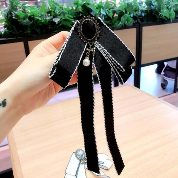 Korea Fashion Crystal Bowknot Corsage Black White Silk Ribbon Bow Tie Brooches For Women Suit Accessories Support Mix