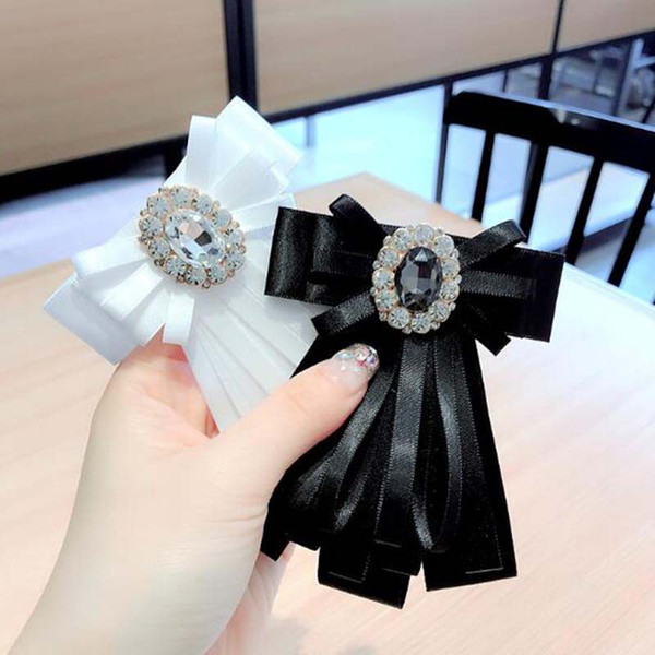 Korea Fashion Clear Crystal Bowknot Brooch Pins High Quality Silk Ribbon Bow Tie Brooches Corsage For Women Suit Accessories Support Mix