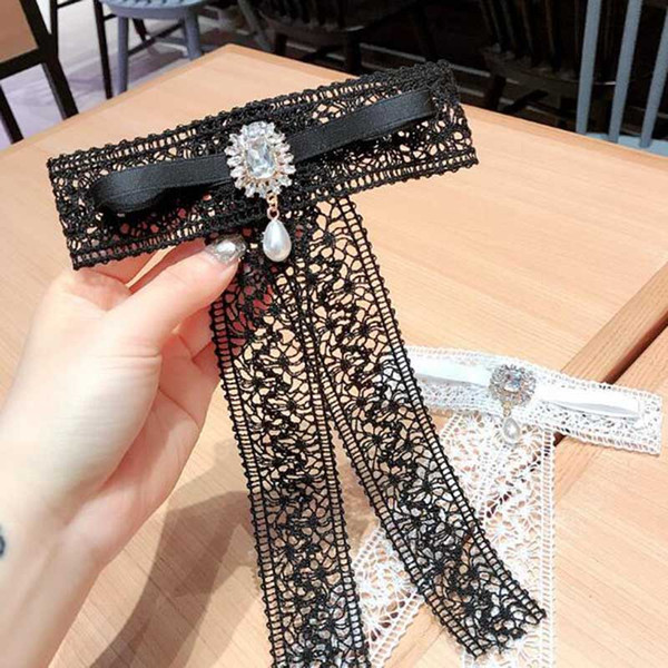 New Fashion Crystal Pearl Bowknot Brooches Black White Lace Necktie Brooch Pins For Women Gir Suit Shirt Brooch Accessories Support Mix