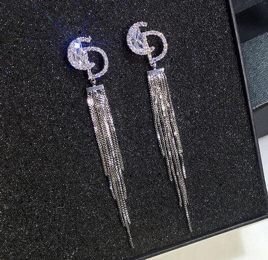 Fashion 925 Silver Tassel Dangle Drop Earrings Brand Letters Crystal Ear Studs Eardrop Women Girl Party Jewelry Accessories