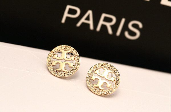 Luxury Brand Hollow Letters Earrings 14K Gold Crystal Ear Studs Geometry Round Earrings Women Girl Wedding Party Jewelry Gift