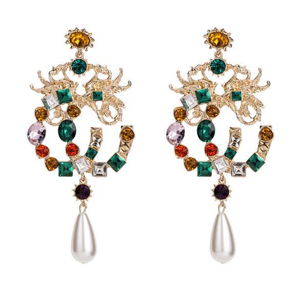Bohemian Colorful Crystal Letters Dangle Earrings Waterdrop Pearl Dangle Eardrop Gold Silver Ear Studs For Woemn Wedding Party Jewelry Gift