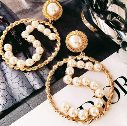 Luxury Pearl Number 5 Earrings Hollow Large Circle Dangle Eardrop Ear Studs Women Girl Wedding Party Jewelry Gift