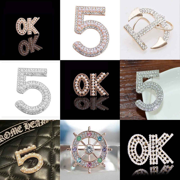 Many Style Letters Number Boat Anchor Brooch Corsage Crystal Rhinestone Pearl Lapel Pins Brooches Women Party Jewelry Gift Costume Accessory