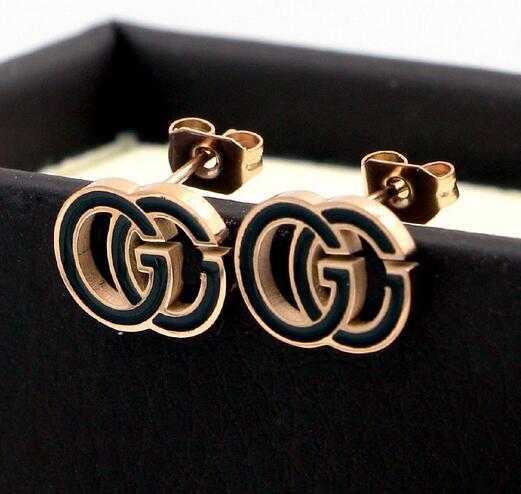 Korea Fashion Two G Letters Earrings Balck Enamel Rose Gold Ear Studs High Quality Steel Titanium Earring Women Girl Charm Jewelry Accessory