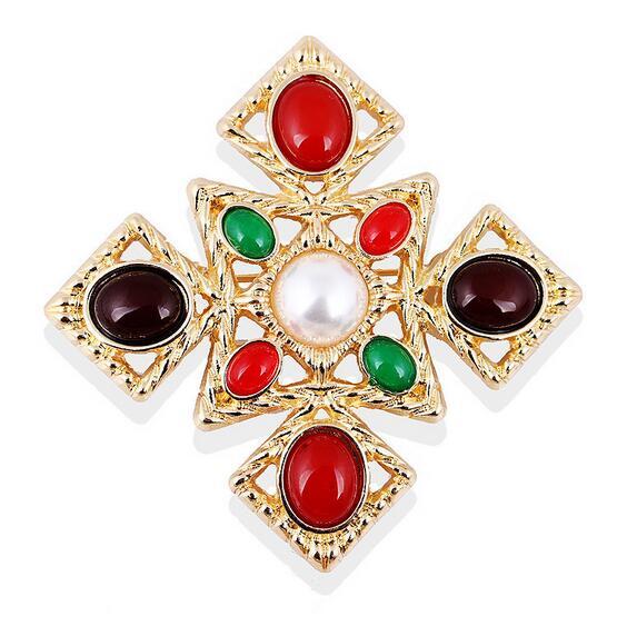 Vintage Baroque Geometry Square Brooches Colorful Gemstone Brooch Pins Pearl Broach Women Suit Coat Accessories Party Jewelry
