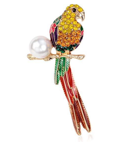 Delicate Cute Parrot Lapel Pins Crystal Pearl Brooch Corsage Women Animal Brooches Party Jewelry Dress Accessory