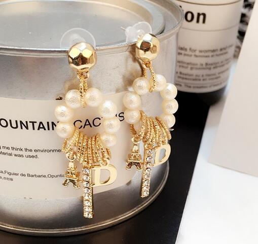 Korea Fashion Crystal Pearl Tassel Dangle Drop Earrings Brand Letters Design Eardrop 14K Gold Earrings For Women Girl Wedding Party Jewelry