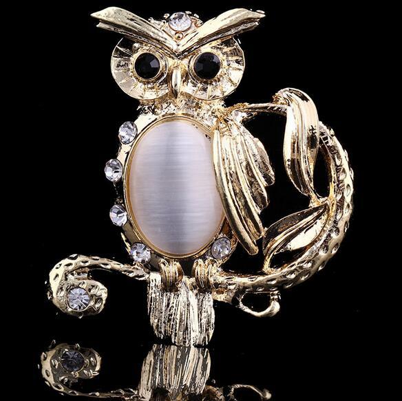 Vintage Chic Women Crystal RHinestone Owl Brooch Nature Opal Gemstone Brooches Lapel Pins Wedding Party Jewelry Accessories 3.6*5cm