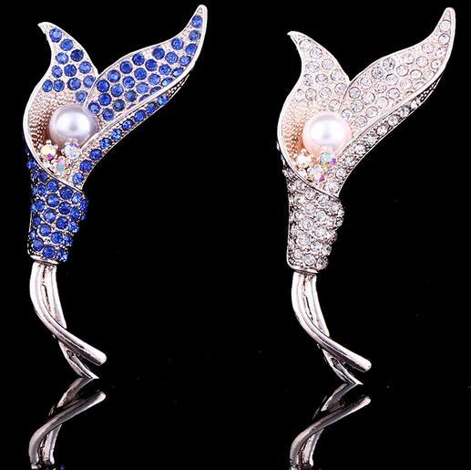 Fashion Temperment Women Shiny Crystal Rhinestone Tulip Flower Bouquet Corsage Brooch Wedding Party Jewelry Pearl Brooches Pins 2.6*6.4cm