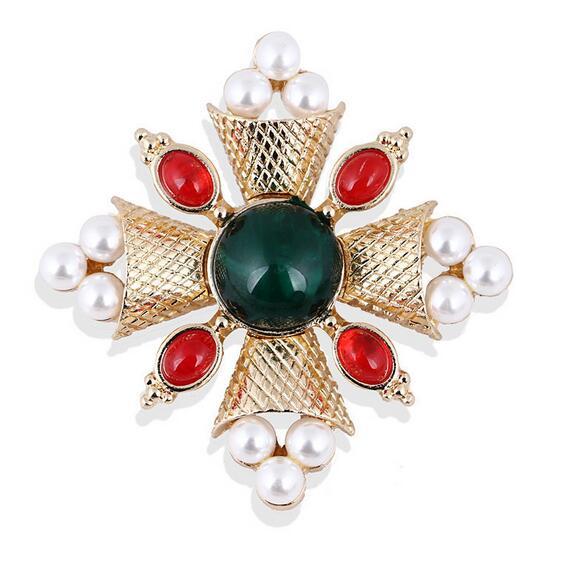Baroque Retro Cross Brooches Pearl Gemstone Corsage Scarf Buckle 14K Gold Brooch Pins Women Girl Dress Suit Accessories