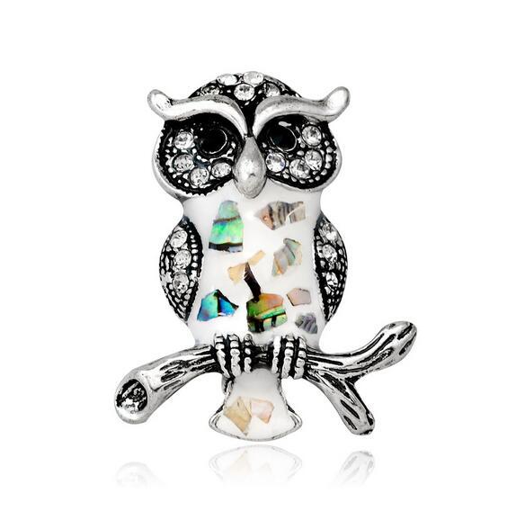 Fashion Vintage Silver Tone Owl Lapel Pin Crystal Shell Corsage Party Prom Jewelry Brooches Dress Clothing Accessories