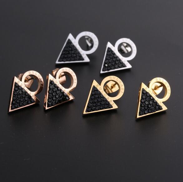 Luxury Geometry Triangle Dangle Drop Earrings Black Gemstone Ear Studs 3 Colors Steel Titanium Earring For Women Charm Jewelry