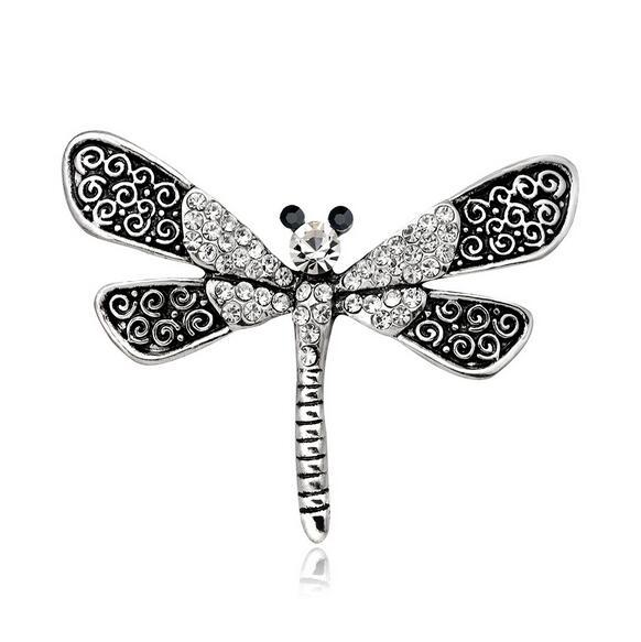 Retro Silver Plates Dragonfly Lapel Pin Corsage Sparkly Crystal Rhinestone Brooch Women Girl Party Prom Jewelry Dress Accessory