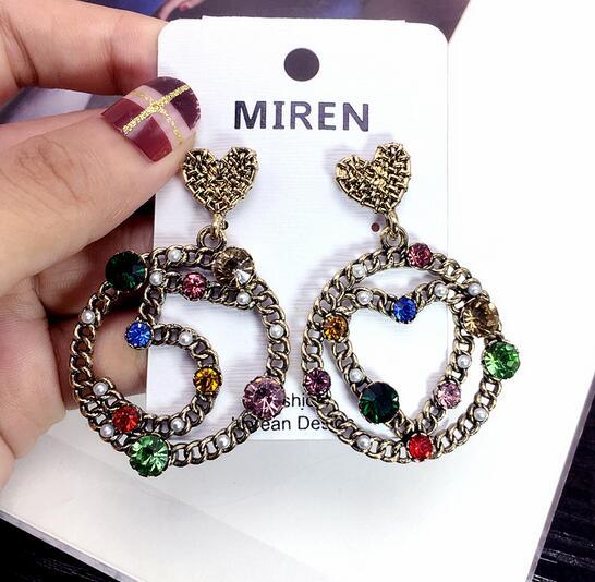 Bohemian Retro Asymmetry Number 5 Earrings Large Circle Dangle Drop Earring Colorful Crystal Earring Women Bride Wedding Party Jewelry