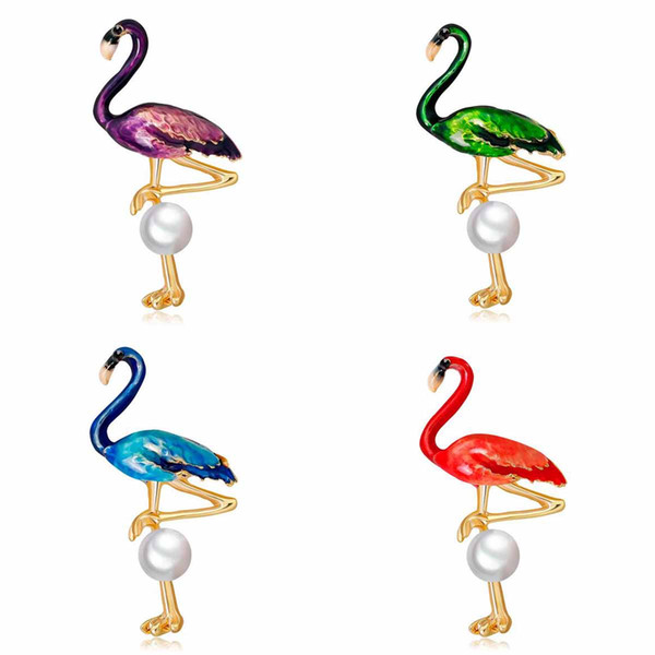 Delicate Enamel Pearl Flamingo Brooch Lapel Pins Corsage Multicolor Brooches Women Girl Wedding Party Jewelry Costume Accessories