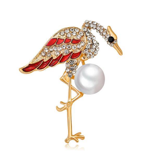 High-end Crystal Enamel Red Crowned Crane Brooch Pins Smooth Pearl Corsage Lapel Pin Women Wedding Party Jewelry Clothing Accessories
