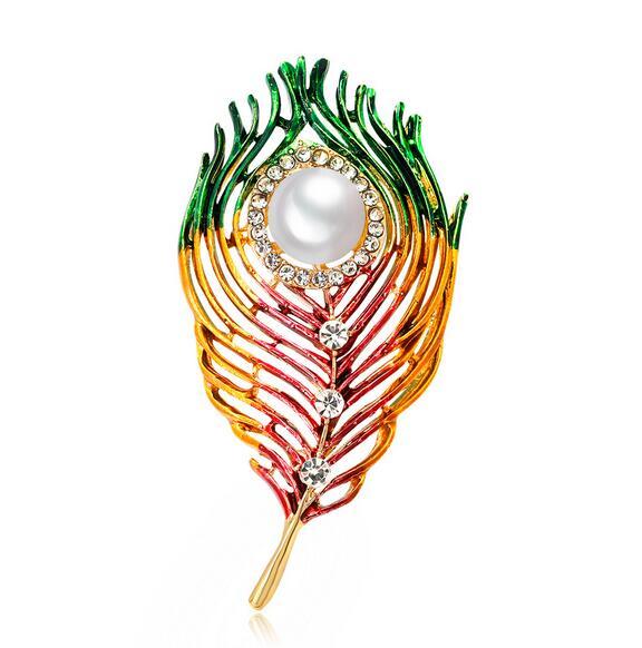 New Fashion Colorful Enamel Feather Brooch Collar Pins Crystal Pearl Corsage Women Scarf Hats Costume Accessoreis Wedding Jewelry