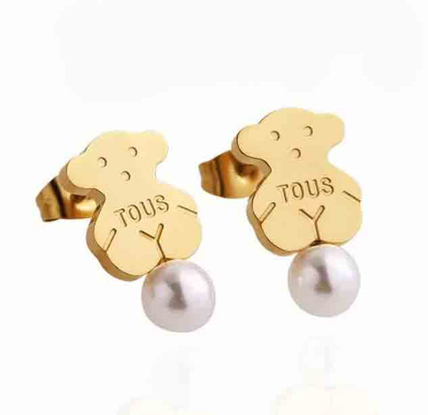 Lovely Little Bear Ear Studs Pearl Dangle Drop Earrings 3 Colors Steel Titanoum Letters Logo Earring For Women Wedding Party Jewelry