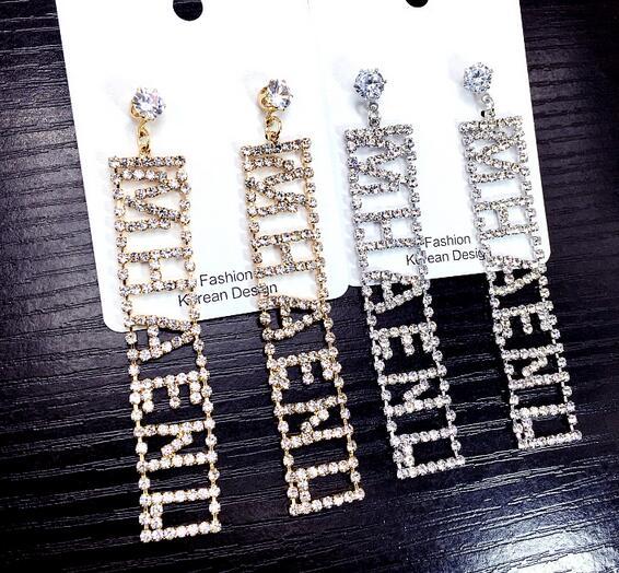 Korea Styles Long Hollow Letters Dangle Drop Earrings Gold Silver Crystal Rhinestone Earring Women Bride Wedding Jewelry Accessories