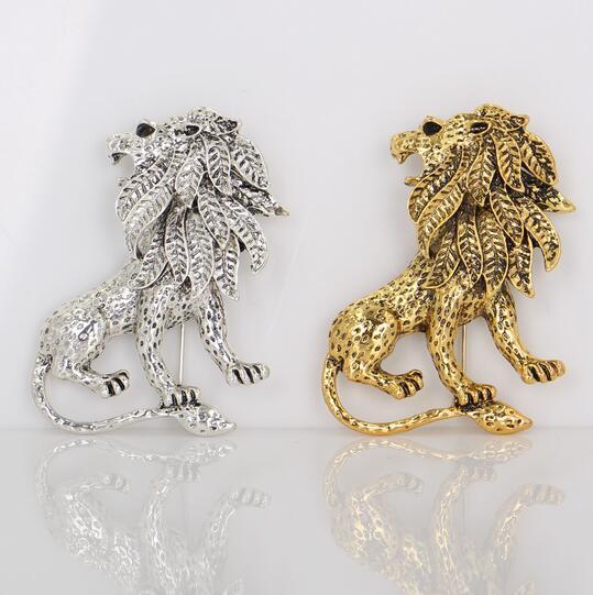 Vintage Gold Silver Plated Animal Lion Lapel Pins Brooch Men Boy T-Shirt Siut Clothing Accessory Brooches Party Fashion Jewelry 4.8*5.2cm