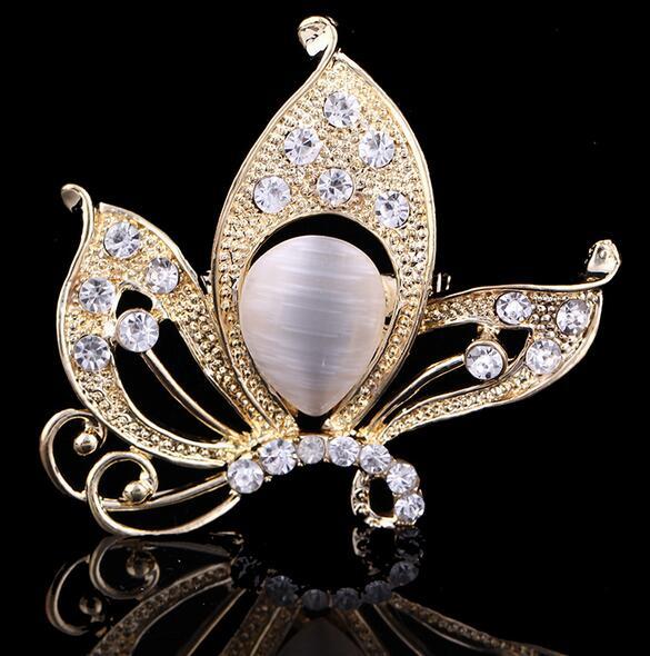 High Quality Crystal Rhinestone OPal Gemstone Butterfly Brooch Lapel Pins Women Girl Wedding Party Jewelry Scarf Dress Accessory 4.7*5.5cm