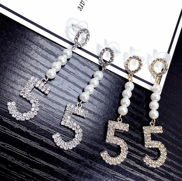 Luxury Crystal Number 5 Dangle Drop Earrings Pearl Tassel Eardrop Ear Studs Women Girl Wedding Prom Jewelry Gift