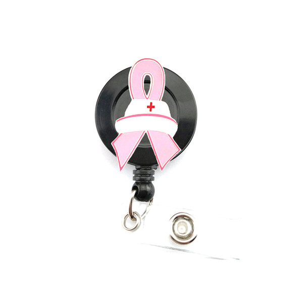 20pcs Breast Cancer Awareness Pink Ribbon Retractable Badge Reel Ribbon Enamel Nurse Hat ID Card Badge Holder Clips