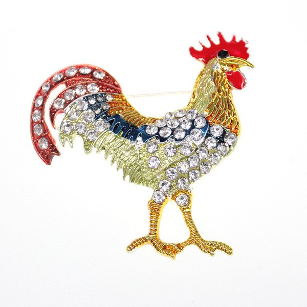 10pcs/New a lot Fashionable ot 50mm Gold Plated Enamel Rooster Rhinestone Animal Cock Brooch Pin