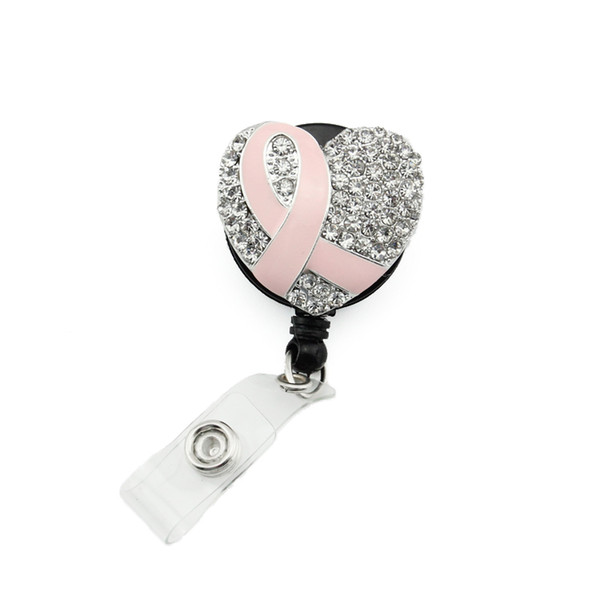 10pcs/lot Breast Cancer Awareness Id Baghe holder Rhinestone Heart Shape Ribbon Badge Retractable Pulling Reel Holder