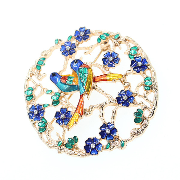 100pcs/lot Fashion Women Jewelry Round Enamel Flower Bird Brooch Pin for gift