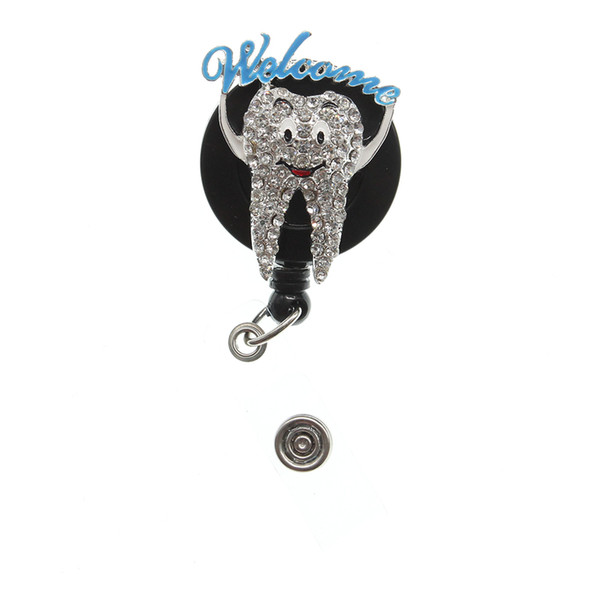 10 pcs/a lot New Design Cute Crystal Rhinestone Teeth Hand Holding Welcome lettering Retractable ID Badge Holder