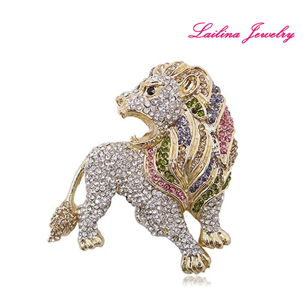 100pcs/lot Fashion Multicolor Powerful Lion Rhinestone Brooch Pins Crystal Wildlife Animal Brooch for Women Dress