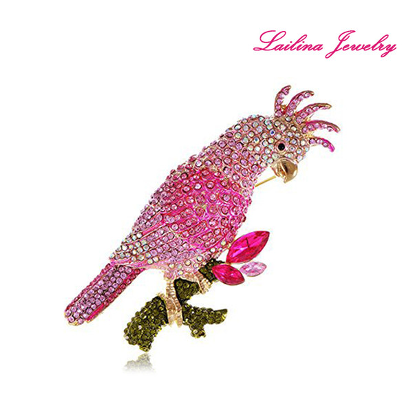 100pcs/lot Womens Jewelry Golden Tone Pink Rhinestones Tropical Parrot Cockatoo Crystal Bird Brooch Pin Sparkly Brooches