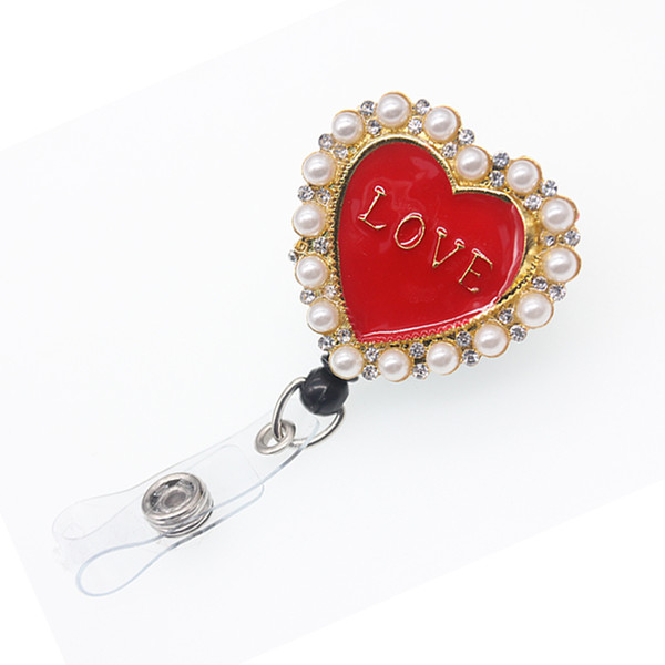 Medical heart-shaped pearl rhinestone enamel badge reel love ID badge holder reel Valentine's Day gift