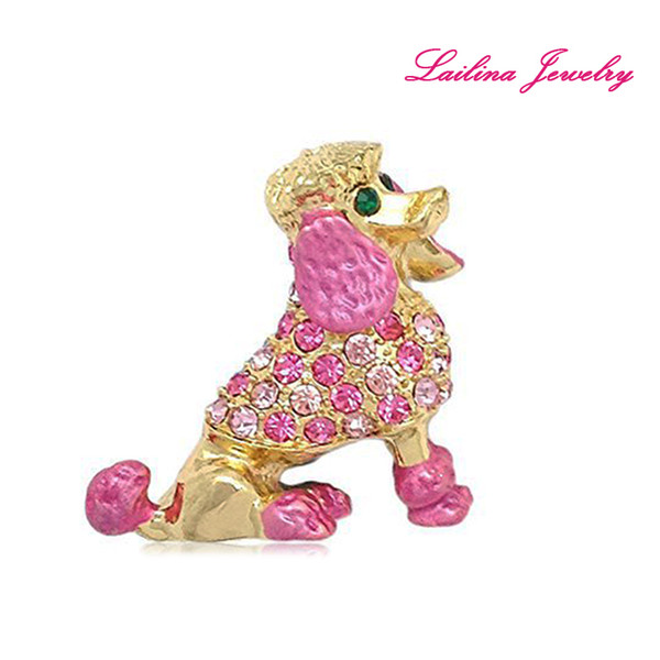 100pcs/lot Cute Funny Gold Poodle Pins Dog Animal Pink Rhinestone Brooches and Pins as Birthday Gifts