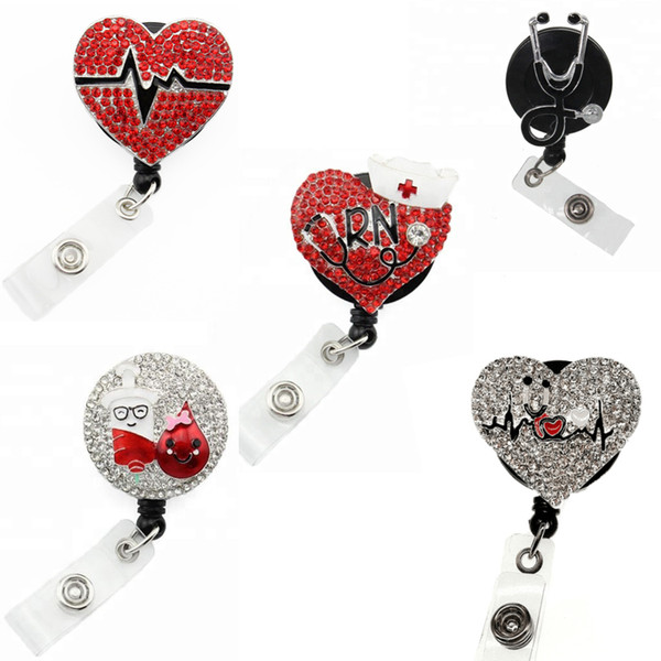 10pcs/lot Rhinestone Medical Id Baghe holder Crystal Nurse Doctor Symbol Badge Retractable Pulling Reel Holder