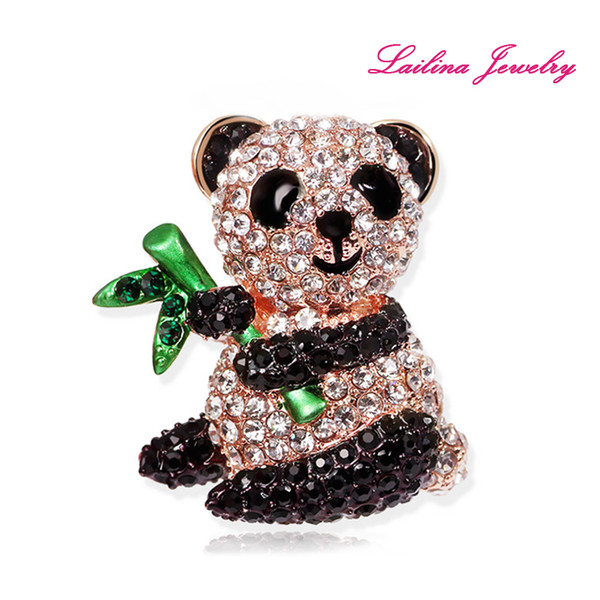 100pcs/lot Wholesale Bamboo Panda Brooch Pins Full of Black and White Crystal Rhinestone Brooches Birthday Gift