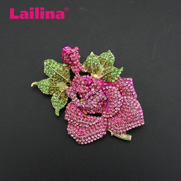 50pcs/lot Fashionable Zinc Alloy Gold Plated Crystal Rose Rhinestone Roses Brooch Decorative Wedding Pin