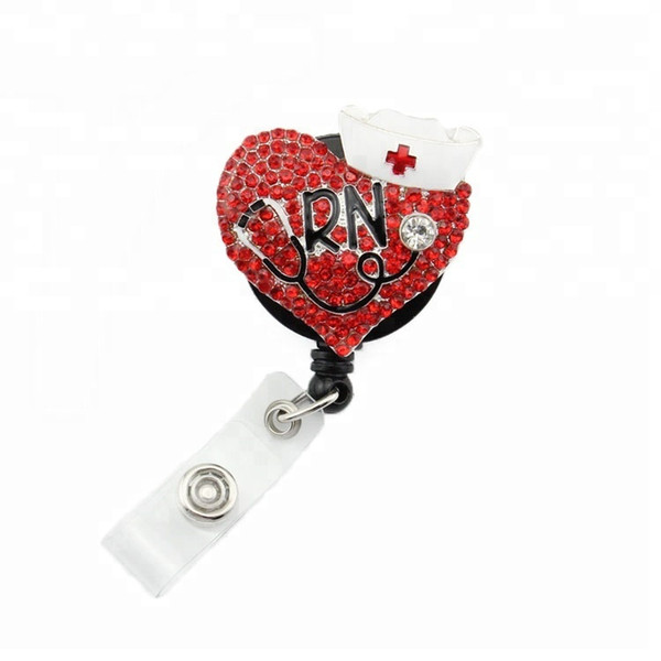 10pcs/lot Rhinestone Medical Id Baghe holder Crystal Heart Shape Nurse Cap Doctor Symbol Badge Retractable Pulling Reel Holder