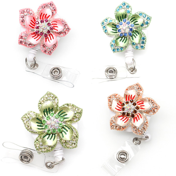 10pcs/lot lot Exquisite Craftsmanship Rhinestone Retractable Hawaiian Flower green flower Badge Reel Name Card ID Badge Holder for Women