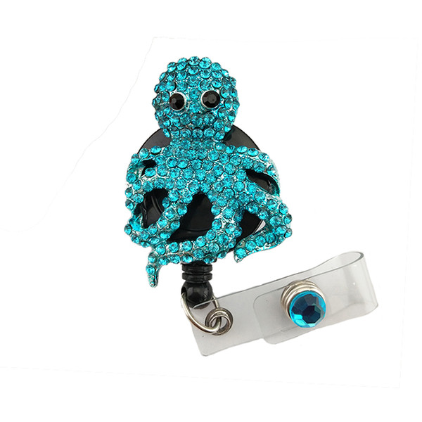 20pcs/lot New Design High Quality Blue Rhinestone Octopus Animal Retractable ID Card Blingbling Badge Reels with Clips