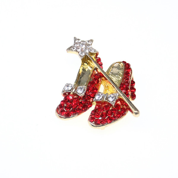 10pcs/lot Gold-tone Red Crystal High Heel Shoes Star Wand Bow Lapel Pin Dorothy Wizard of Oz Style Shoes Brooch