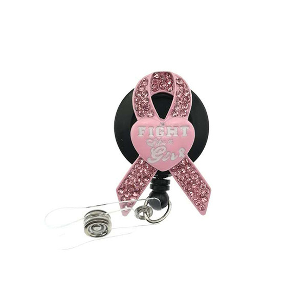 10pcs/lot Breast Cancer Awareness Id Baghe holder Crystal Pink Ribbon Badge Retractable Pulling Reel Holder