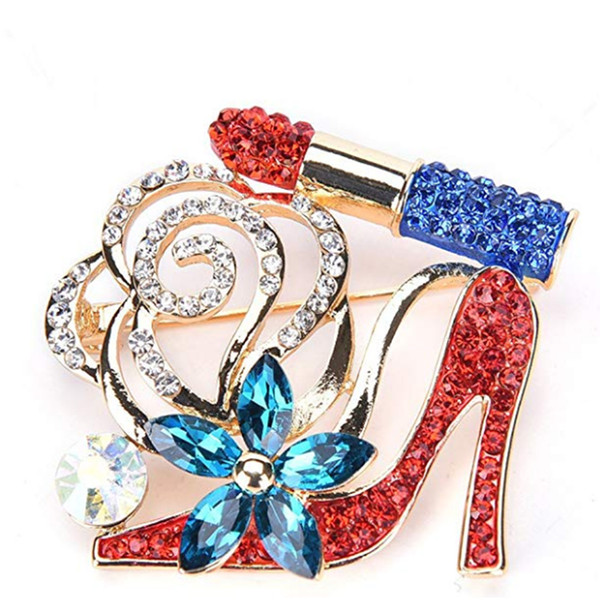 100pcs/New fashion classic lipstick high heels blue flower pin white rhinestone lipstick high heels brooch for gift/party