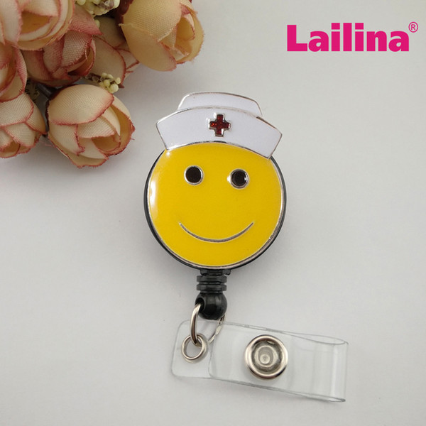 50pcs Smiley Face Nurse's Hat Retractable ID Badge Reel with Clip for Nurses and Medical Personnel Smile Emoji Badge Holder