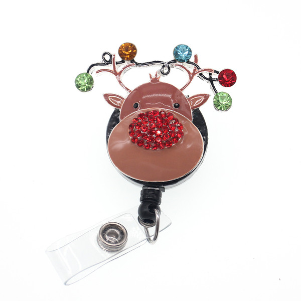 10pcs Multi Color Enamel Deer Head Christmas Pendant Charm Animal Head Holiday Gift Badge Reel Retractable ID Badge Holder